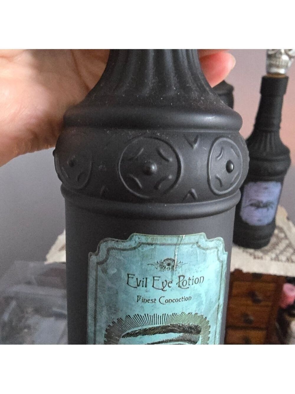Three Black Glass Gothic Witch Tincture Potion Bottles With Skull Cork Stoppers - Picture 6 of 12
